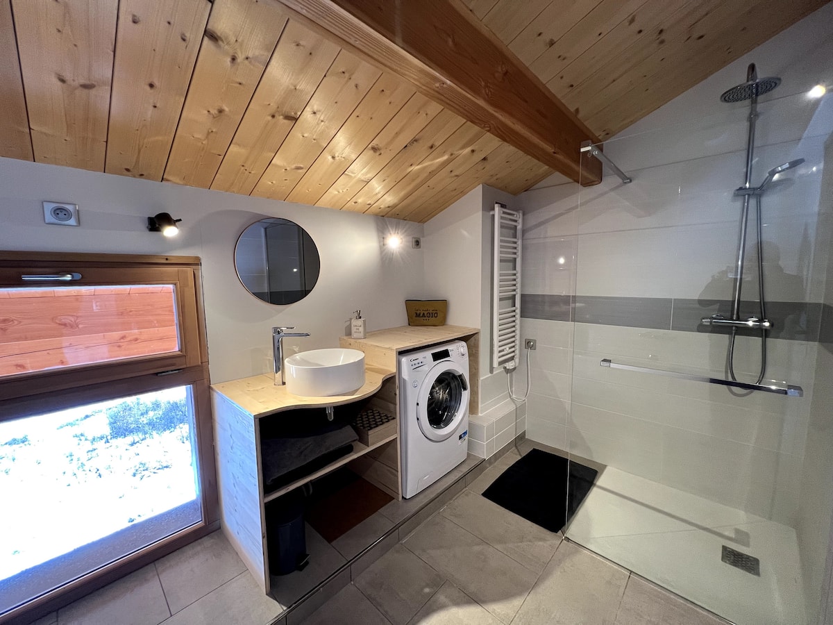 Salle de bain avec douche et lave-linge